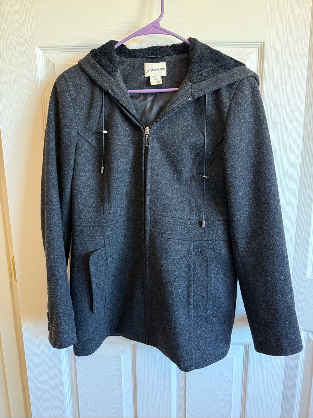 St. John's Bay Wool/Cashmere Blend Gray Hooded Winter Pea Coat Quietly Luxury